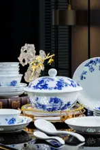 58头手绘青花牡丹玲珑餐具 · 2