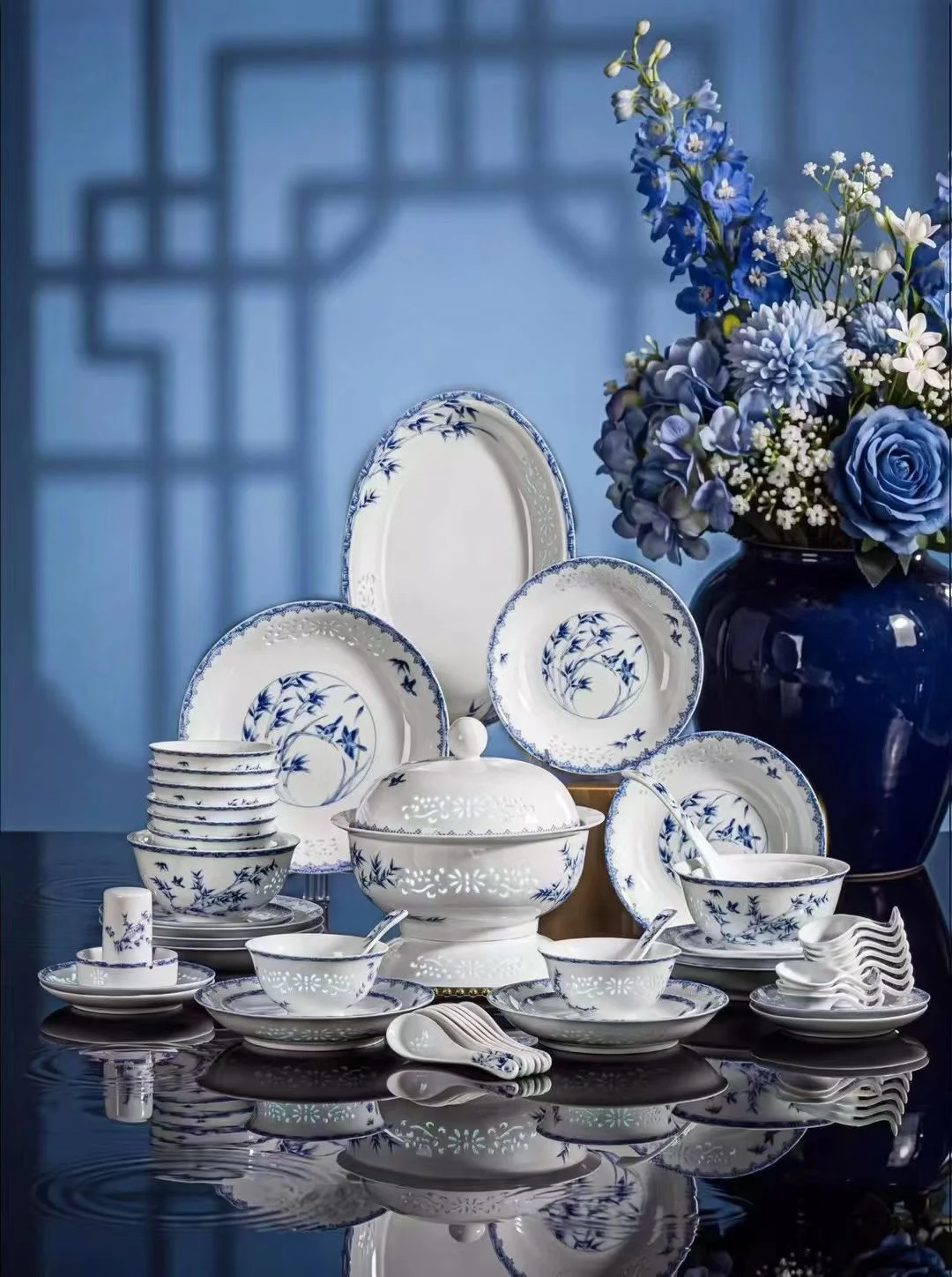 58头青花玲珑餐具·平安竹
