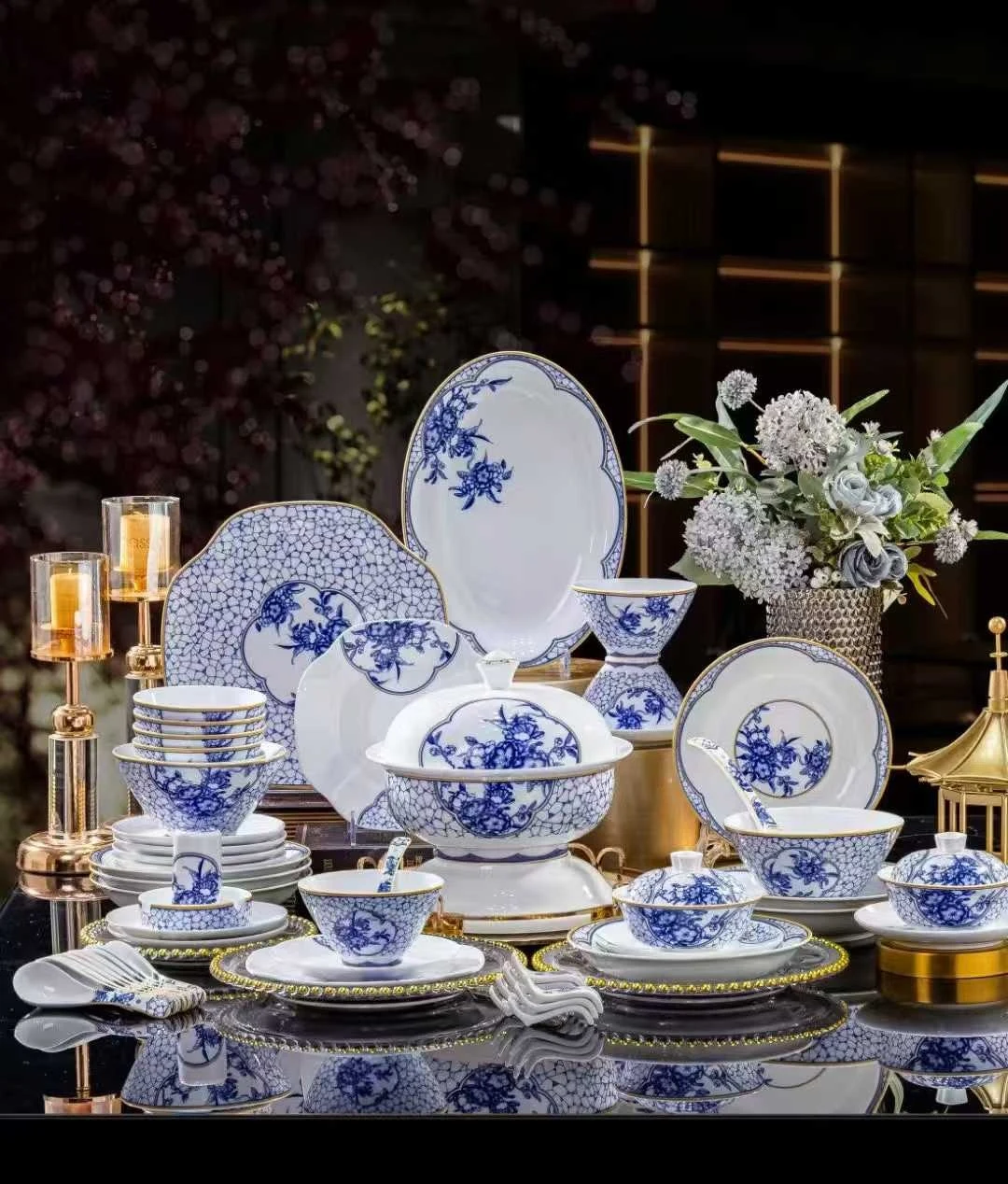 62头青花水立方餐具（釉下彩-白瓷）