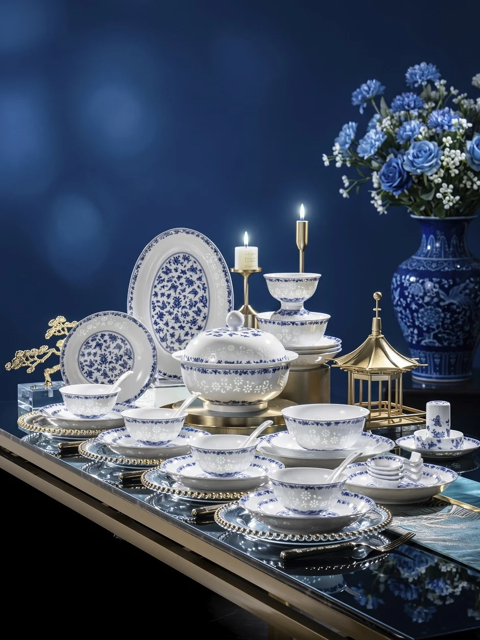 58头青花花间舞玲珑餐具