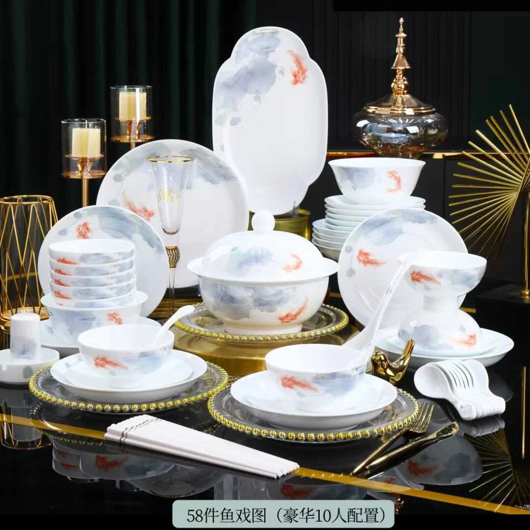 58头·白瓷鱼戏图餐具