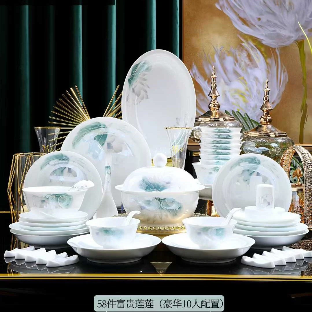 58头·白瓷富贵莲莲餐具