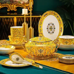 86头珐琅彩帝王黄缠枝莲福镶金骨瓷餐具 · 2