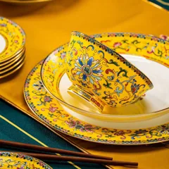 86头珐琅彩帝王黄缠枝莲福镶金骨瓷餐具 · 3