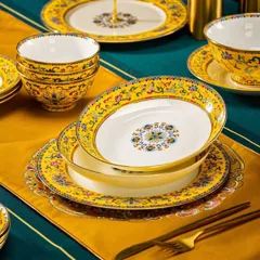 86头珐琅彩帝王黄缠枝莲福镶金骨瓷餐具 · 4
