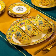 86头珐琅彩帝王黄缠枝莲福镶金骨瓷餐具 · 5