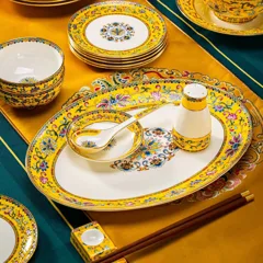 86头珐琅彩帝王黄缠枝莲福镶金骨瓷餐具 · 6