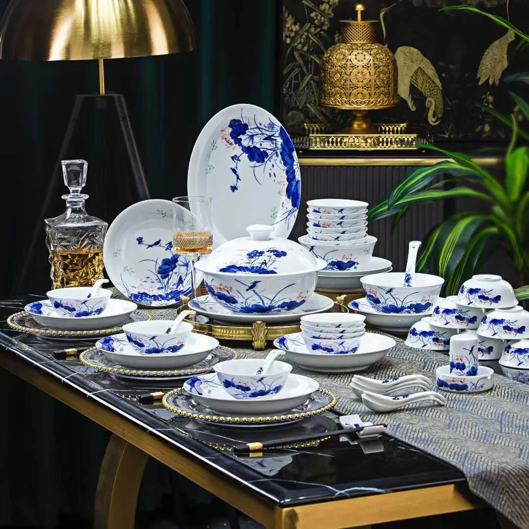 56头·青花荷塘翠鸟餐具