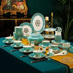 86头珐琅彩夫人蓝缠枝莲福镶金骨瓷餐具 · 1