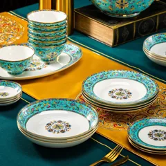 86头珐琅彩夫人蓝缠枝莲福镶金骨瓷餐具 · 4