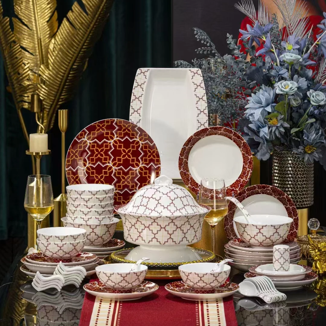 58头洪福（红格子）餐具